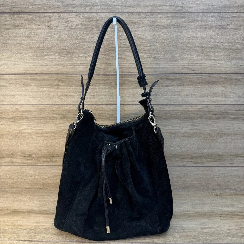 H&M Black Suede Slouchy Hobo Drawstring Shoulder Crossbody Bag Leather Boho